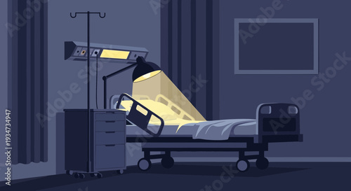 Hospital Room Bed Illuminated at Night, Healthcare Concept, Flat Vector Illustration