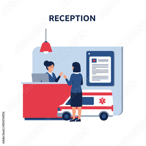 Hospital Reception Scene Depicting Medical Staff Assisting a Patient Near an Ambulance