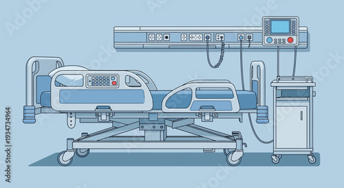 Hospital Room Bed Illustration Featuring Medical Devices and Modern Equipment Display