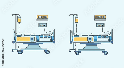 Hospital Room Bed Illustration Featuring Medical Equipment and Infusion Drips For Treatment