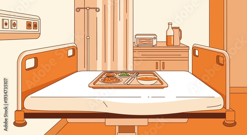 Hospital Room Depicting a Patient's Meal Tray, Illustrating Convalescence and Wellbeing
