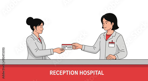 Hospital Reception Staff Exchanging Visitor Pass Illustration For Healthcare Access