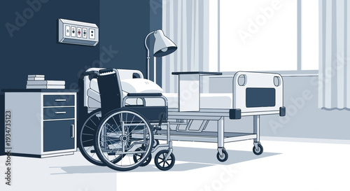 Hospital Room Depicting a Wheelchair and a Patient Bed in a Minimalist Style