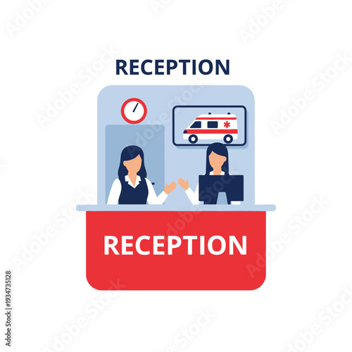 Hospital Reception Staff Interacting Behind a Counter with Emergency Services Icon Depicted