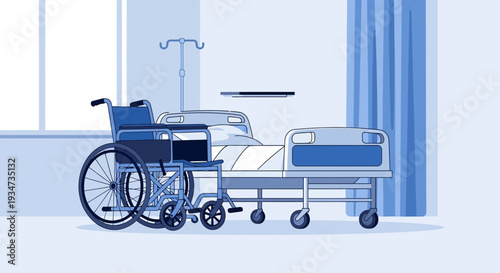 Hospital Room Depicting Bed And Wheelchair, Illustrated In Calm Blue Tones, For Recovery