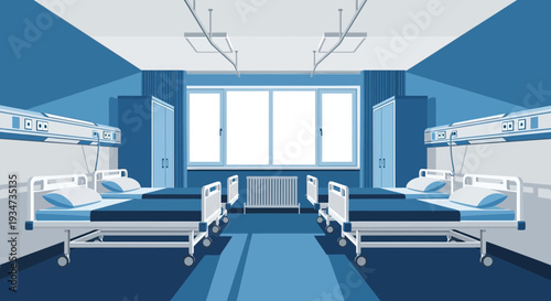 Hospital Room Depicting Beds, Windows, And Medical Equipment in Shades of Blue