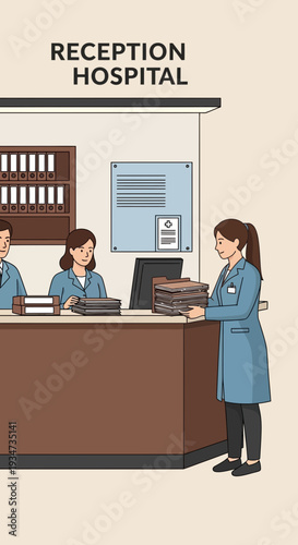 Hospital Reception Staff Interacting Patient And Information Management Illustration