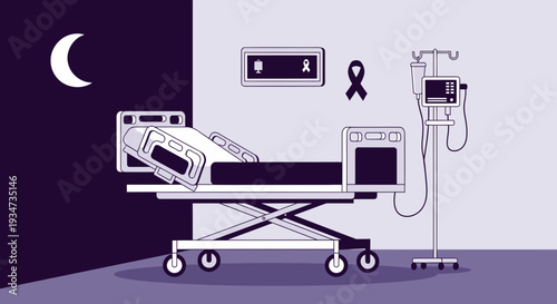 Hospital Room Depicting Cancer Awareness During Evening Time With Medical Equipment