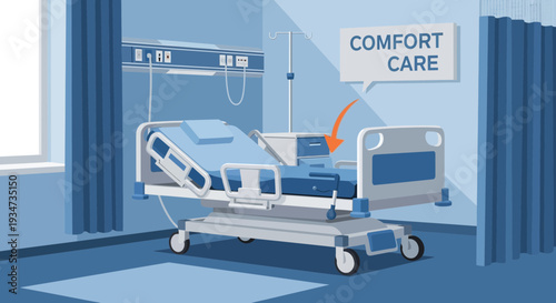 Hospital Room Depicting Comfort Care With Modern Bed And Medical Equipment