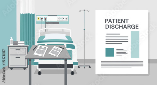 Hospital Room Depicting Discharge Document And Bed Medical Illustration Concept