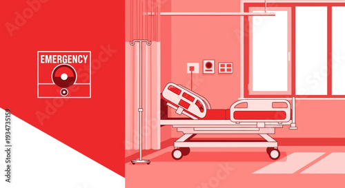 Hospital Room Depicting Emergency, Bed, Alarm, and Medical Environment With Red Tone