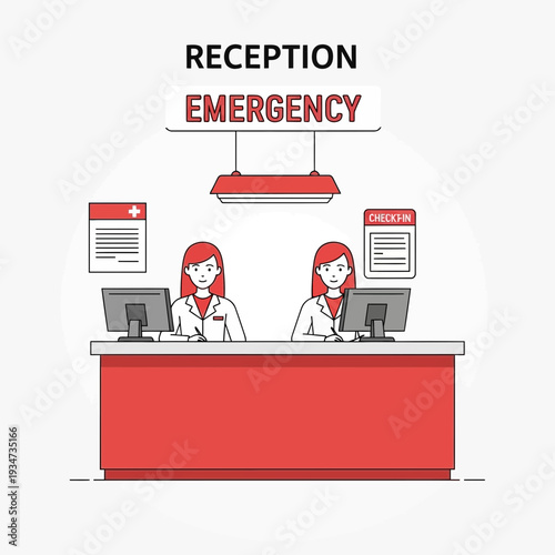 Hospital Reception Staff Working At The Emergency Desk With Computer and Documents