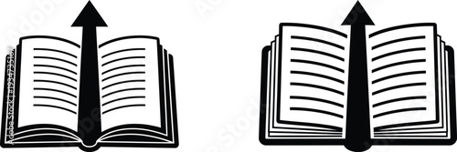 Open books with upward arrows symbolizing growth and knowledge on white background