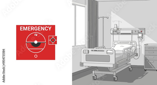 Hospital Room Depicting Emergency System and Patient Bed with Clinical Equipment Details