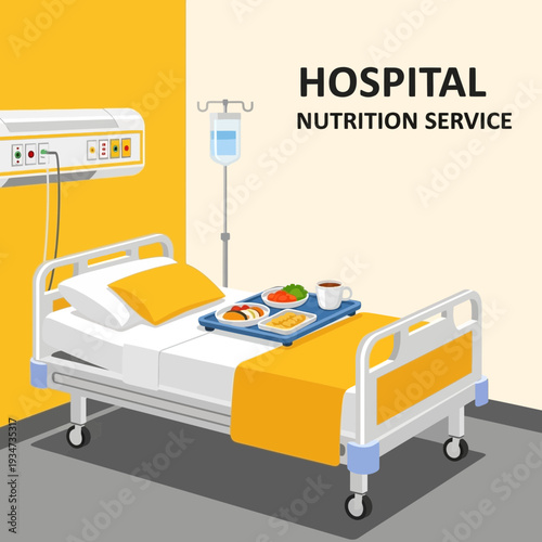 Hospital Room Depicting Nutrition Service with Bed, Tray, and IV Drip for Patient Care