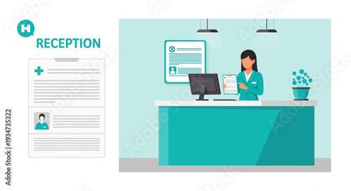 Hospital Receptionist at Work, Illustrative Representation of Modern Healthcare Services