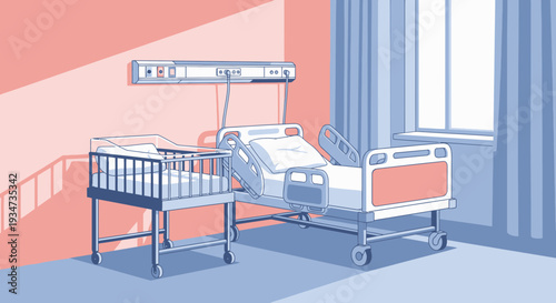 Hospital Room Depicting Newborn Care and Maternal Hospitalization with Modern Aesthetic