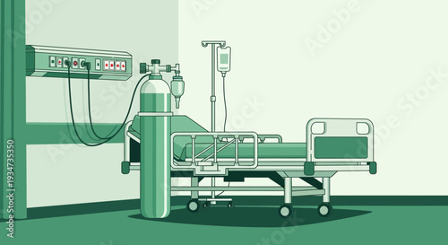 Hospital Room Depicting Patient Care, With Bed And Medical Equipment Present