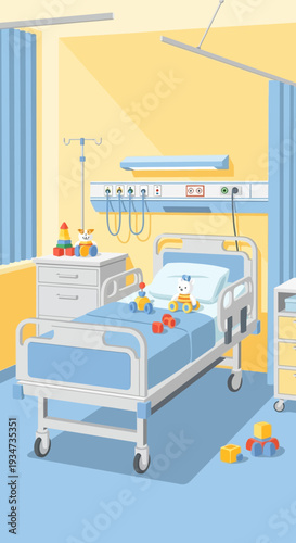 Hospital Room Depicting Pediatric Care With Bed, Toys, And Medical Equipment Illustration