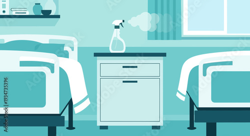 Hospital Room Depicting Sanitization And Disinfection Processes With Modern Design