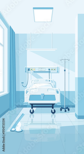 Hospital Room Depiction: A Sterile And Clean Medical Environment With Patient Bed And Equipment