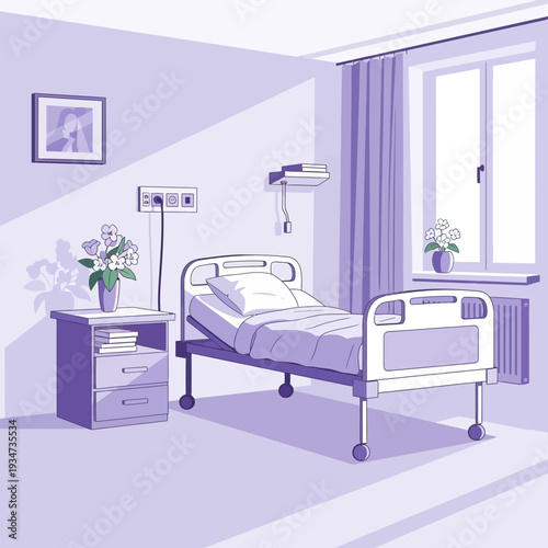 Hospital Room Depiction: A Tranquil, Sterile Interior with Bed, Window, and Essential Fixtures