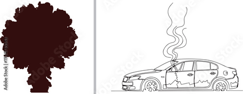 A dramatic vector set featuring a solid dark mushroom cloud silhouette alongside a minimalist line art sketch of a damaged sedan with smoke rising from its engine.