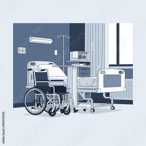 Hospital Room Depiction: A Wheelchair, Patient Bed, and Medical Equipment in a Sterile Environment