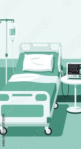 Hospital Room Depiction Featuring a Bed, Medical Equipment, and Intravenous Drip System