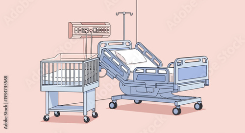 Hospital Room Depiction Featuring a Bedside Crib and Hospital Bed Illustration