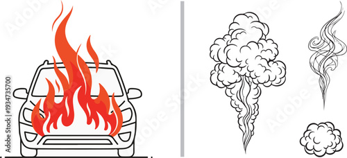A dramatic vector illustration featuring a car engulfed in bright orange flames alongside various line art sketches of billowing smoke clouds. Ideal for disaster and emergency themes.
