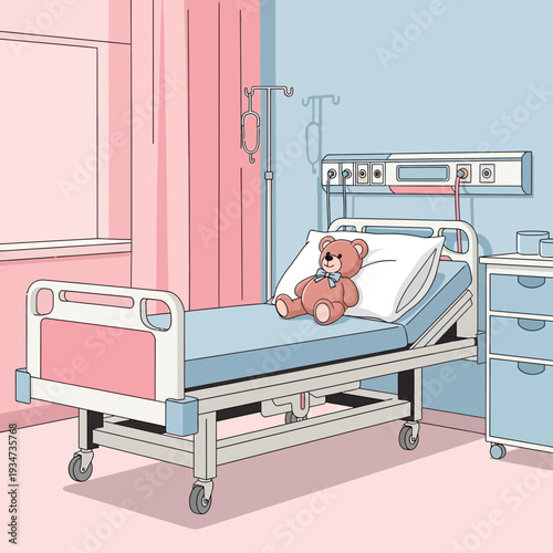 Hospital Room Depiction Featuring a Teddy Bear Resting Patiently on a Bed Ready For Care