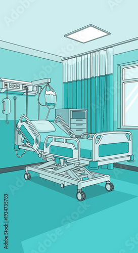 Hospital Room Depiction Featuring Adjustable Bed And Medical Equipment in Light Blue Tone