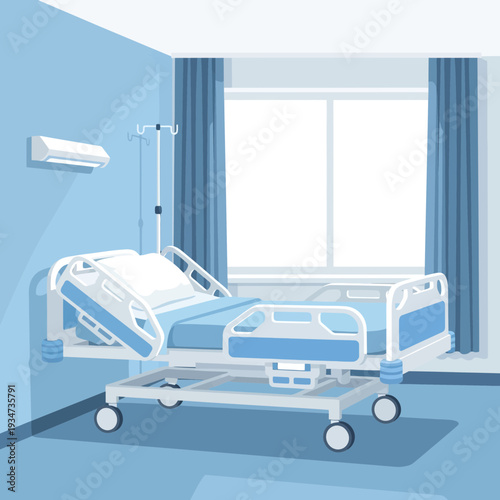 Hospital Room Depiction Featuring Adjustable Bed And Infusion Stand, Healthcare Illustration