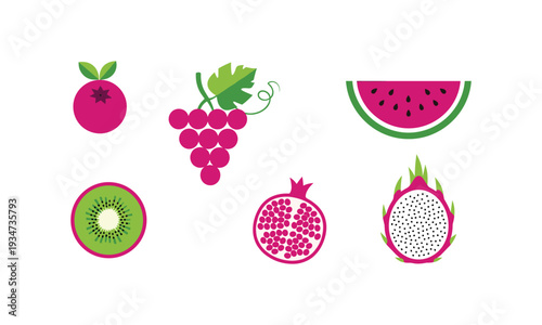 Colorful flat lay illustration of various sliced and whole fruits