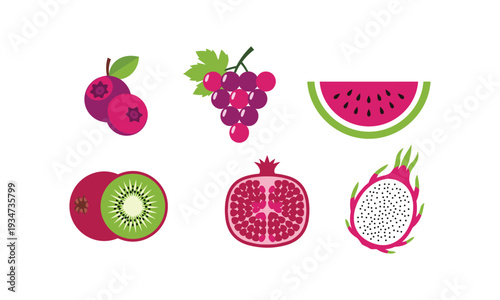 Colorful illustration of various fruits including grapes watermelon and kiwi