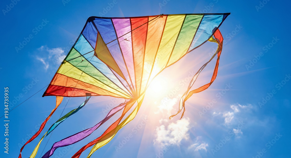 Naklejka premium Colorful rainbow kite flying in bright blue sky on sunny day 