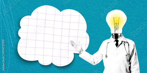 A trendy, modern pop art collage featuring a halftone image depicting a doctor with a lightbulb head against a turquoise background with room for text. Healthcare and science concept.