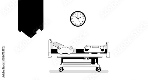 Hospital Room Depiction Featuring Bed and Clock Illustrating Time and Care for Patients