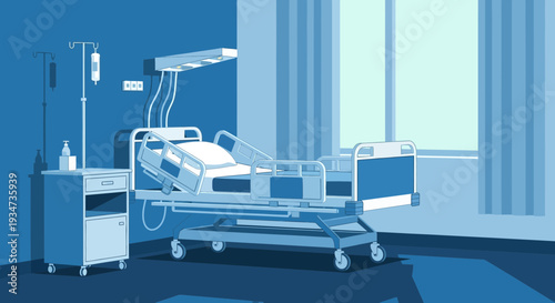 Hospital Room Depiction Featuring Bed And Medical Equipment in Monochrome Tones