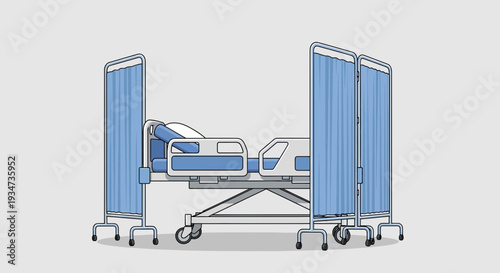 Hospital Room Depiction Featuring Bed With Privacy Screens And Minimalist Aesthetic