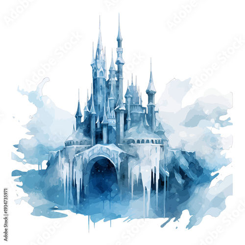 Watercolor frozen ice castle with tall spires and icicles in blue