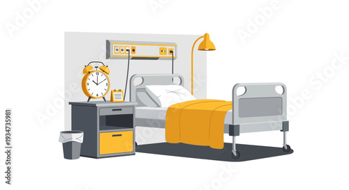 Hospital Room Depiction Featuring Bed, Clock, Cabinet, and Associated Medical Elements