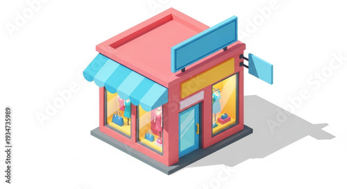 Isometric illustration of a charming pink shop with a blue awning and sign, inviting customers.