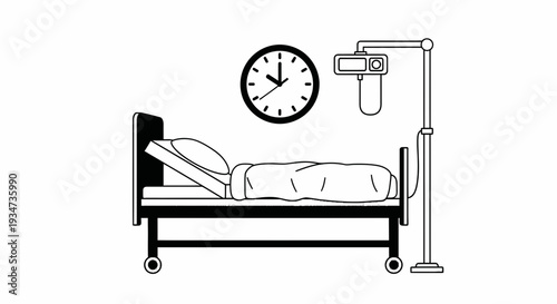 Hospital Room Depiction Featuring Bed, Clock, And Medical Equipment, Minimalist Design