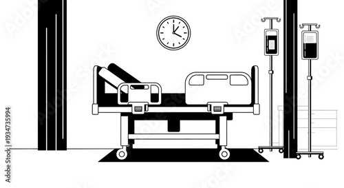 Hospital Room Depiction Featuring Bed, Clock, Medical Equipment, Inpatient Care, Vector Art