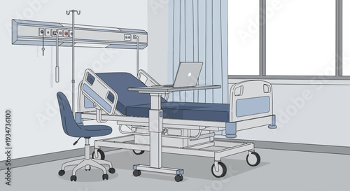 Hospital Room Depiction Featuring Bed, Laptop, Chair, and Medical Equipment Illustratively Rendered