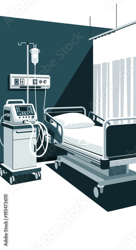 Hospital Room Depiction Featuring Medical Equipment and an Empty Bed, Monochrome Art