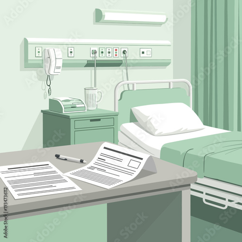 Hospital Room Depiction Featuring Bed, Medical Equipment, and Desk with Patient Documents