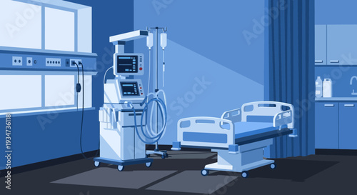 Hospital Room Depiction Featuring Medical Equipment and an Empty Bedside Setting